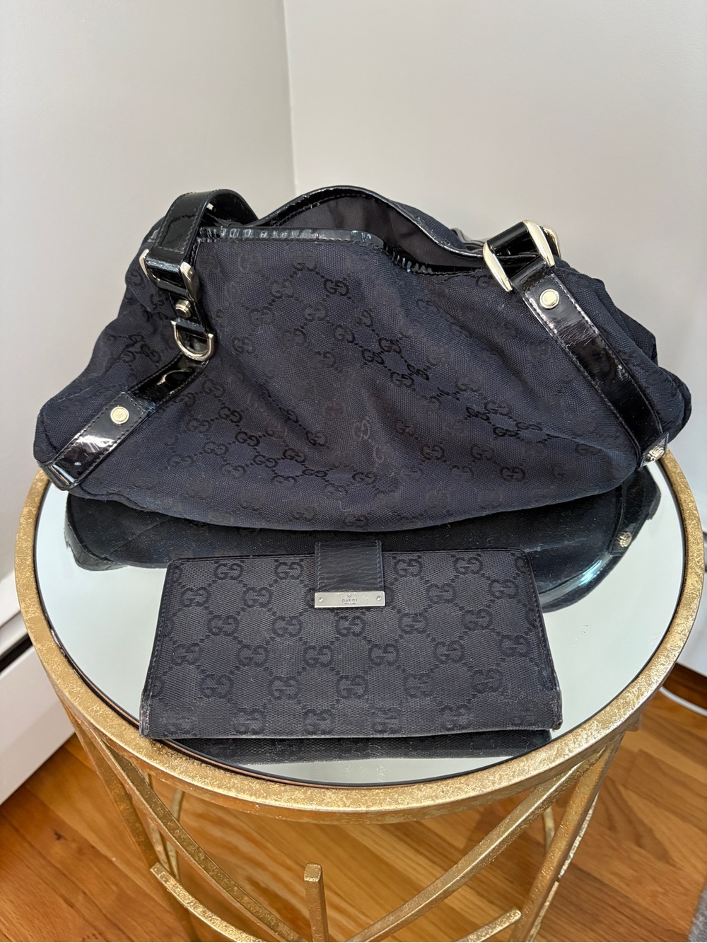 Gucci Black Monogram Shoulder Bag with Matching Wallet